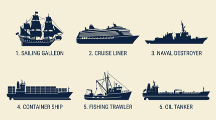 Various vessels at sea illustrated in dark silhouettes © bahar