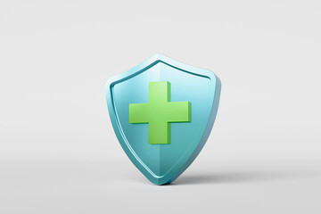 Obraz premium 3D light blue shield icon with green medical plus sign. concept of health insurance, medical protection, and healthcare security. illustration
