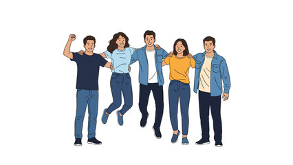 Obraz premium Group of five diverse and happy young friends standing close together and jumping in a display of friendship and positive energy.