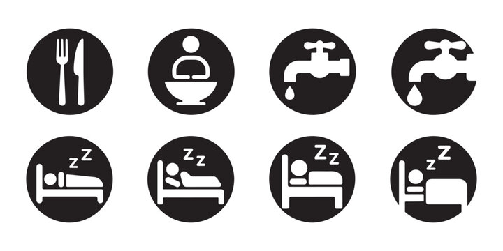 Basic Icons Set. Food, Sleep, Water Needs Represented by Simple White Symbols on Black Background Circles.
