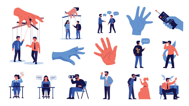 Conceptual business illustrations depicting themes of manipulation, observation, communication, and control through various human interactions.