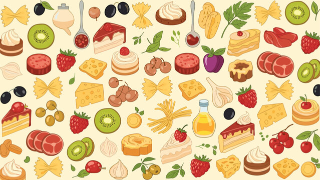 Rich seamless pattern design filled with diverse food elements including fruit, meat slices, pasta shapes, desserts, and kitchen ingredients.