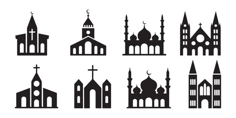 Religious Buildings Collection. Churches and Mosques Silhouettes for Faith and Community Concepts.