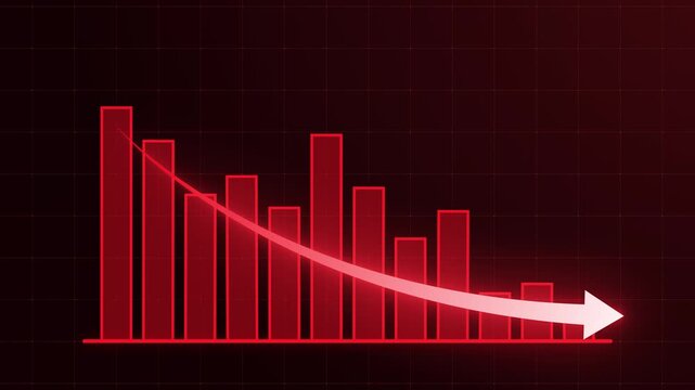 Red glowing bar chart with curved downward arrow illustrating business decline, financial loss and negative growth. Ideal for recession, market crash, falling profits and economic downturn 