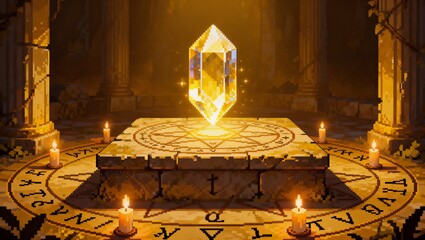 古代石の祭壇の上に浮かぶ神聖なクリスタルと蝋燭と神秘ルーンのピクセルアート