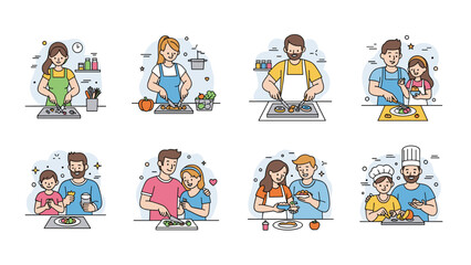 Naklejka premium Various people including families, couples, and individuals are shown preparing food and cooking meals in a kitchen setting with utensils.