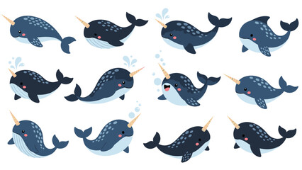 Naklejka premium Adorable set of cartoon narwhals swimming in different directions with cute expressions and spotted patterns on their blue bodies.