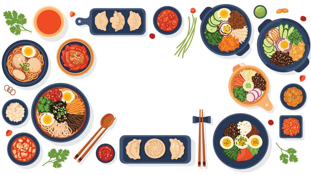 Top down view of a traditional Korean feast featuring various dishes like bibimbap, kimchi, mandu dumplings, and spicy sauces.