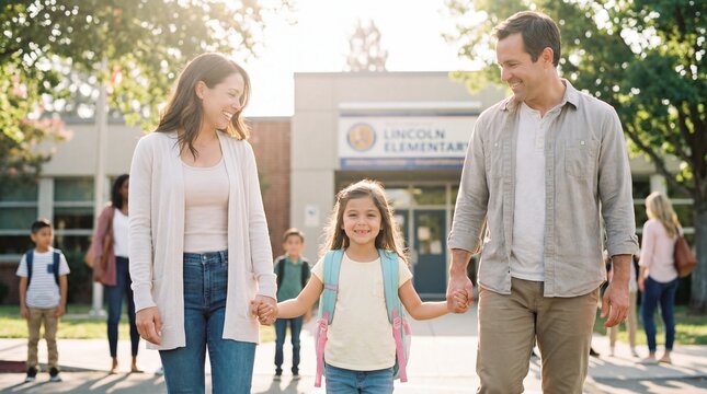 Happy parents holding hands with their young daughter in front of an elementary school.