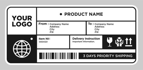 Cargo shipping delivery sticker vector. Shipment label template. Delivery  mockup. Fragile, handle icon. Information about company recipient.  Vector illustration © Ramosh Artworks
