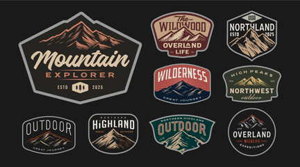 Plakat Vintage mountain and forest badge logo design set. Adventure and outdoor retro emblem logo pack with mountains and trees. Hiking and camping insignia patch bundle for travel and exploration