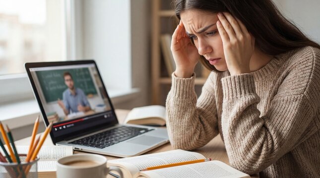 Stressed female student struggling with online class at home.