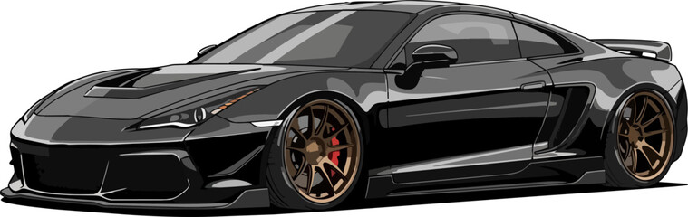 A sleek black sports car with bronze rims showcased from a low angle against a clean background © faisalaladabi