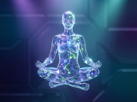 A transparent human figure sits in a meditative pose with glowing energy networks and neural light pathways, evoking mindfulness, inner energy flow, futuristic health, spirituality, and technological 