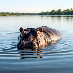 Fototapeta premium Hippopotamus Submerged in Calm Blue Lake Water on Sunny Day