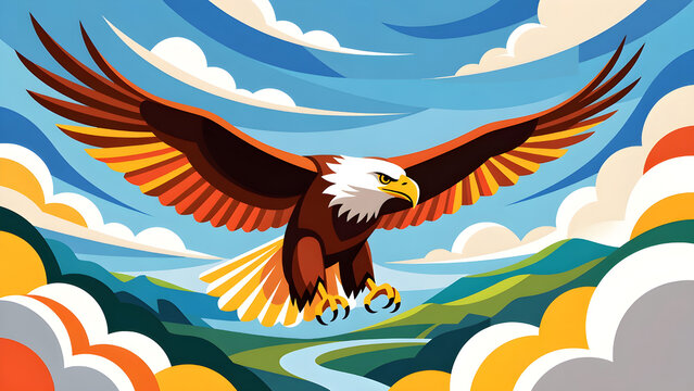 A black silhouette illustration of an American bald eagle in flight with spread wings, representing a symbol of nature and freedom through a stylized wildlife vector design