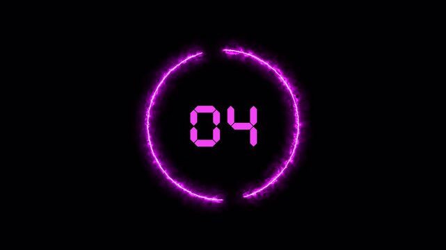 Purple neon digital countdown timer with glowing circular ring on black background 4k video