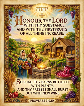 Illustrated Proverbs 3:9,10 "Honor the Lord" Biblical Verse with Offering, Barns, and Wine Press
