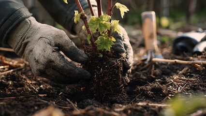 Naklejka premium Calm gardening moment with hands brushing soil around growing plants.