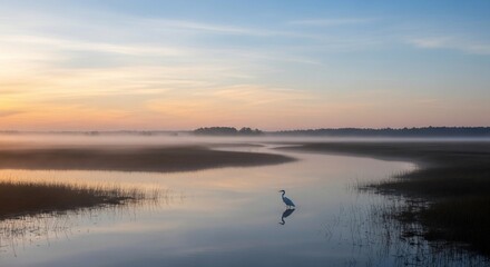 Obraz premium Serene Sunrise Over Marshland With Lone Heron.