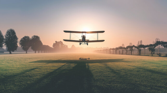 sardonyx. Early biplane flying over grassy field at dawn, long shadow sweeping across the ground. mobility guides, transit brochures, designed for transport & logistics marketing.