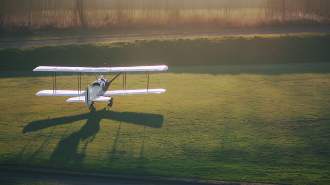 sardonyx. Early biplane flying over grassy field at dawn, long shadow sweeping across the ground. mobility guides, transit brochures, designed for transport & logistics marketing.