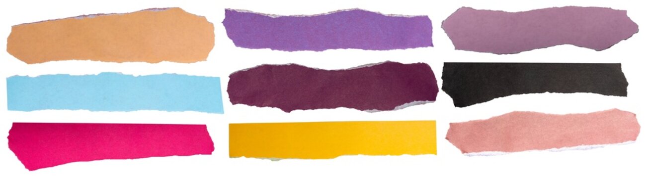 Isolated collection of colorful torn paper stripes  on white background	