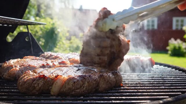 Close up view of juicy steaks grilling on a charcoal grill outdoors during a summer barbecue