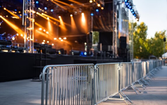 Staging Area at Festival with Barricades and Lighting Setup for Performances