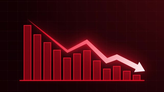 Glowing red bar chart and downward arrow illustrating business decline, financial loss and economic downturn. Concept of recession, falling profits, market crash and negative growth performance 