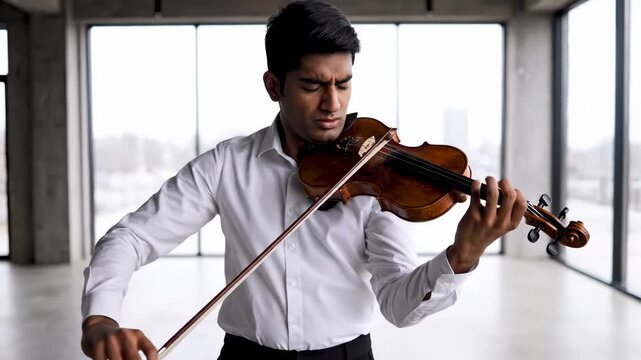 Musician plays violin with concentration and emotional depth. Indoor studio setting with large windows. Concept of music performance, creativity, art