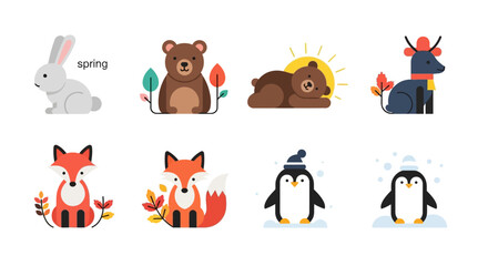 Fototapeta premium Set of cartoon animal illustrations rabbit bear fox and penguin in colorful designs