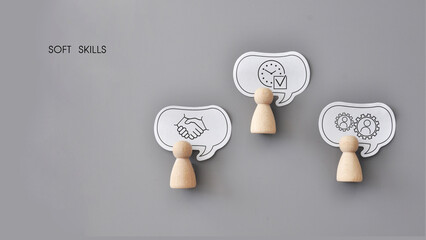 Fototapeta premium Soft Skills Communication And Teamwork Concept With Wooden Figures