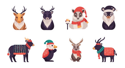 Festive animal illustrations reindeer badger and bear in winter attire © Hadi