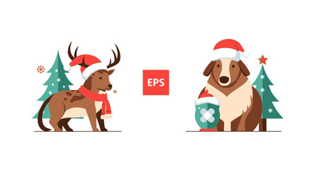 Festive christmas illustration reindeer and dog with santa hats and holiday elements © Hadi