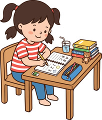 Cute boy doing homework studying at desk cartoon illustration