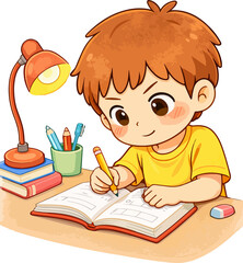 Cute boy doing homework studying at desk cartoon illustration