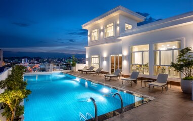 Fototapeta premium Luxurious Rooftop Hotel with Infinity Pool at Night Overlooking Cityscape