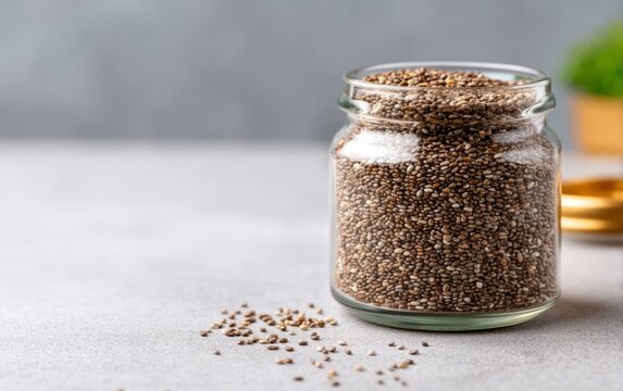 Chia Seeds in a Clear Glass Jar with Neutral Blurred Background