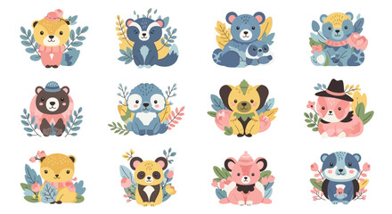 Fototapeta premium Charming vector illustrations of cute cartoon animals with floral embellishments