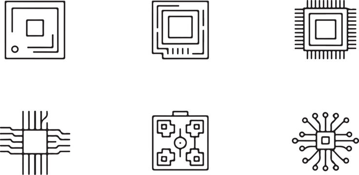 Computer chip and circuit board icons representing microprocessors technology data processing and electronic components for digital innovation and integrated circuits
