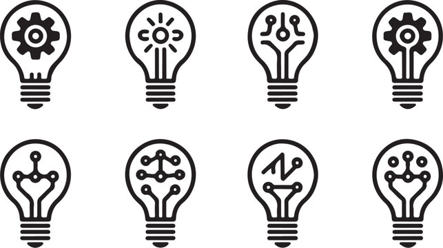 Tech light bulb vector set combining light bulbs with gears circuit boards and network nodes symbolizing artificial intelligence engineering digital logic and futuristic creative solutions