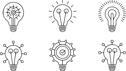 Diverse collection of lightbulb icons in line art, representing various aspects of creative thought, electrical energy, and innovative solutions across multiple fields © Mohammod Foysal SSF.