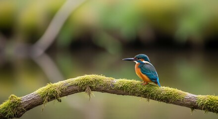 Obraz premium Vibrant Kingfisher Perched on Mossy Branch Overlooking Calm Water.