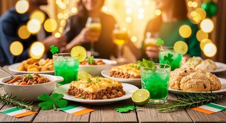 Fototapeta premium St. Patrick’s Day Dinner Table with Irish Food and Drinks
