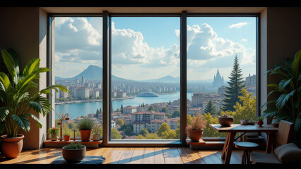 Fototapeta premium Panoramic mountain view through large modern window framed by indoor plants capturing expansive spring landscape and serene contemporary living atmosphere