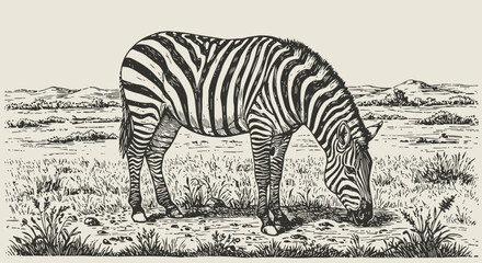 Fototapeta premium Zebra grazing in savanna landscape black and white wild animal illustration