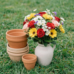 Fototapeta premium Colorful mixed bouquet beside stacked terracotta pots on green grass creating lively spring gardening scene filled with vibrant flowers and seasonal optimism