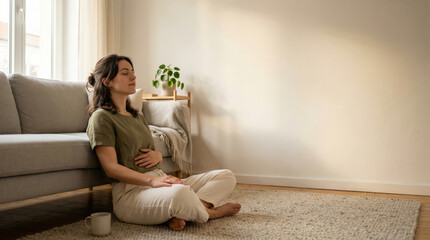 Obraz premium Woman meditating cross-legged on rug at home