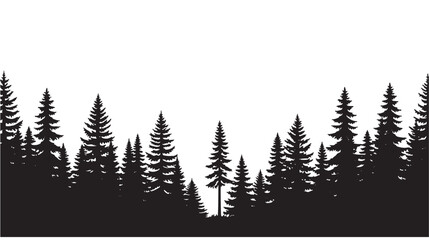 Obraz premium Forest black silhouette with tall evergreen trees forming a natural landscape border against a white background